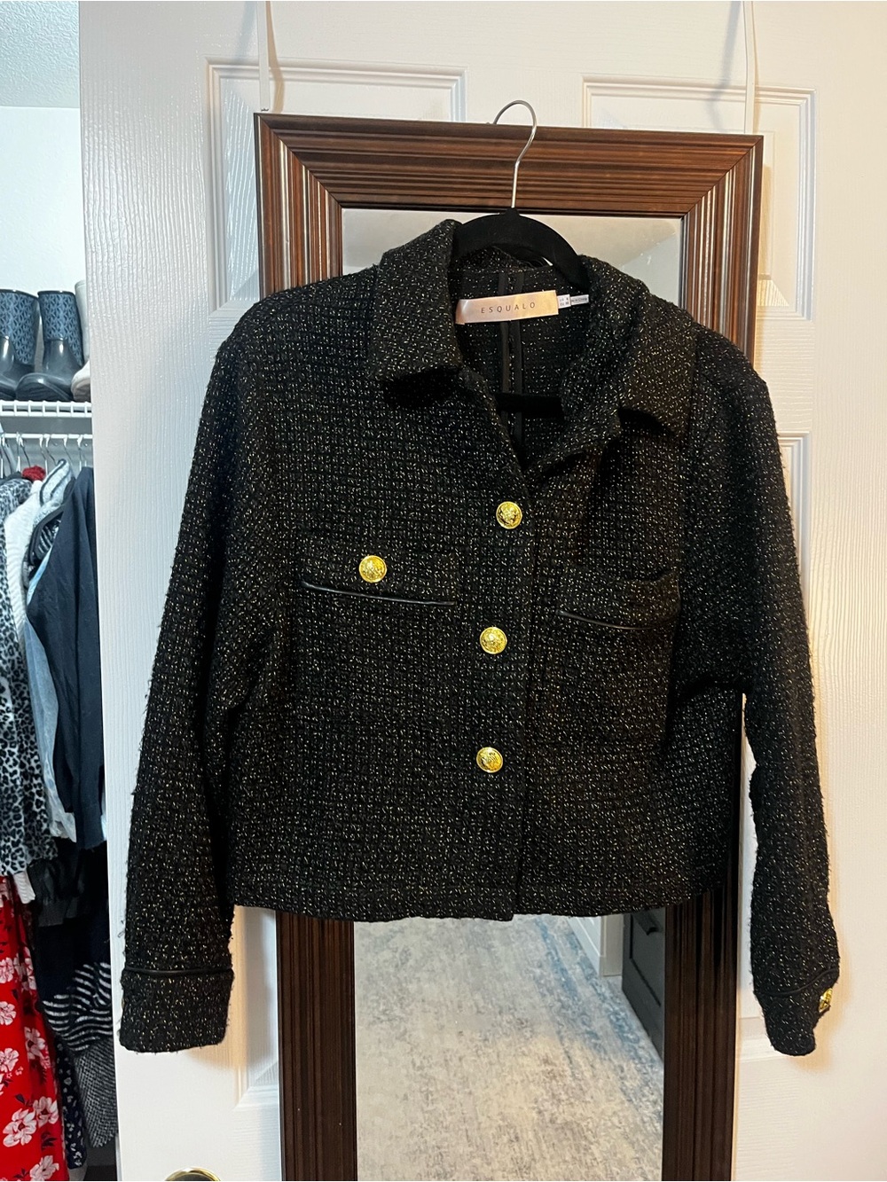 Esqualo black tweed blazer with gold buttons and gold thread, size